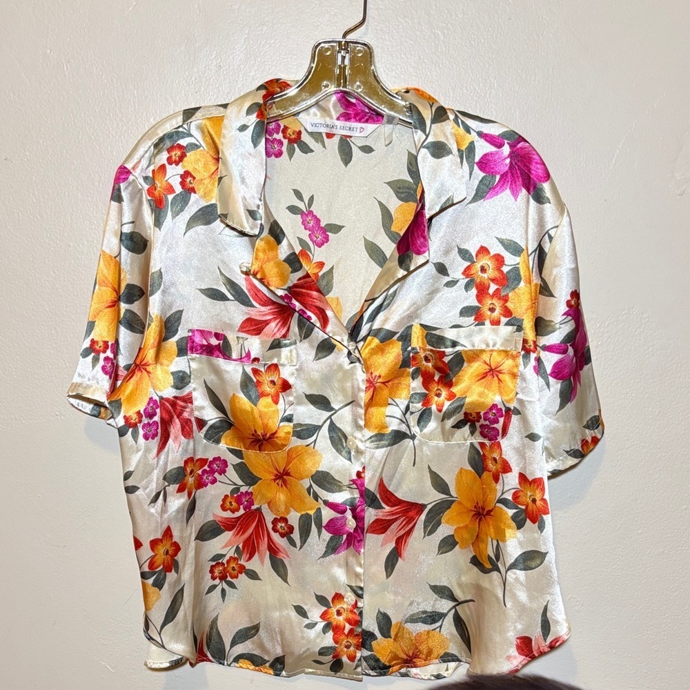 Victoria's Secret Floral Satin Button-Front Top - Yellow, Pink & Orange